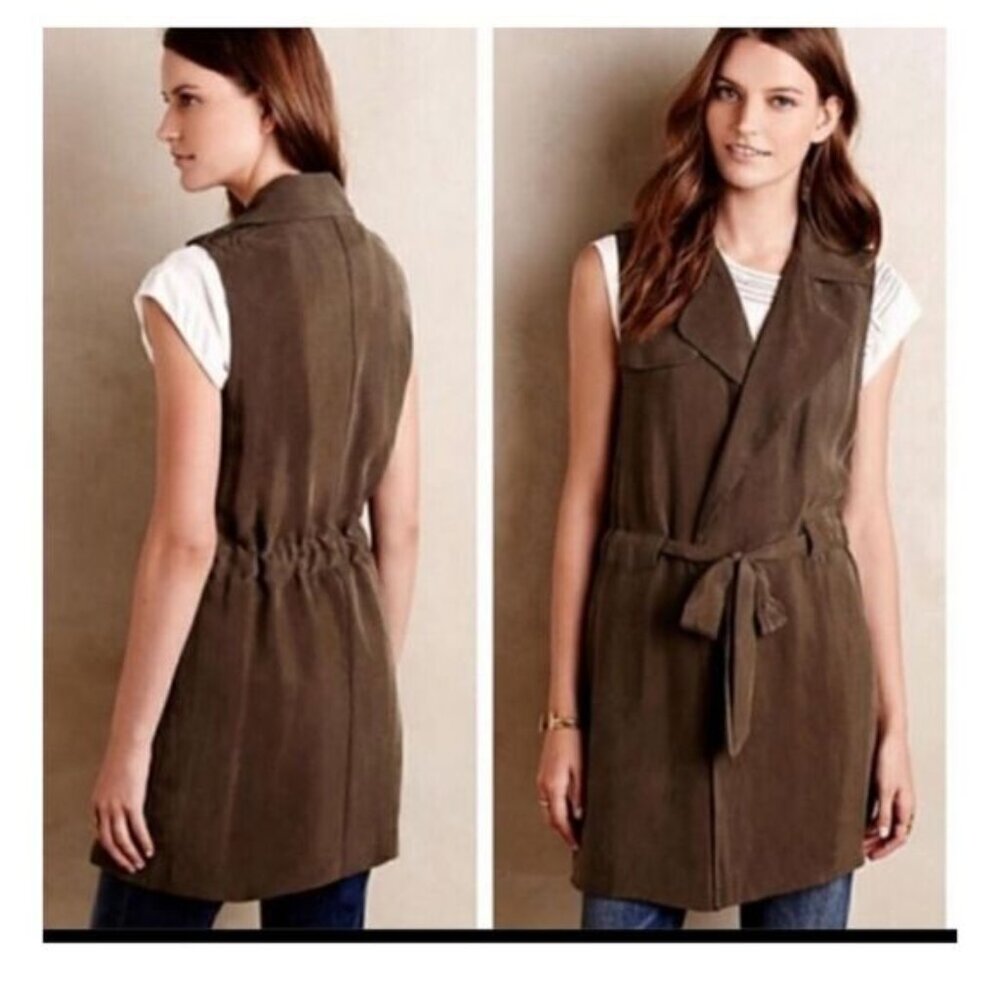 Elevenses Olive Wrap Trench Dress/Vest. SP. Anthropologie